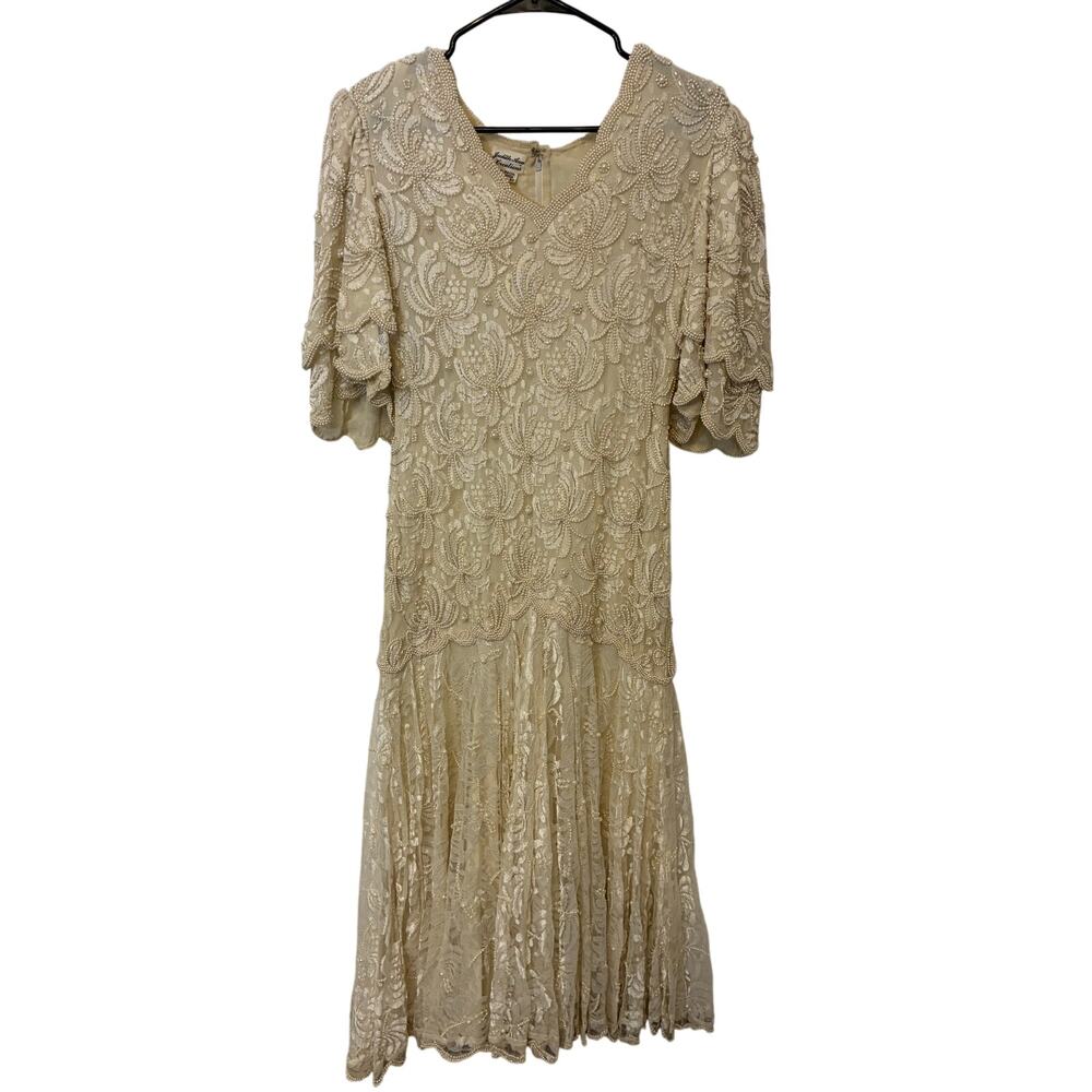 Vintage Judith Ann Lace Beaded Wedding Dress Women’s Sz M Faux Pearl Boho Lace - Picture 2 of 7